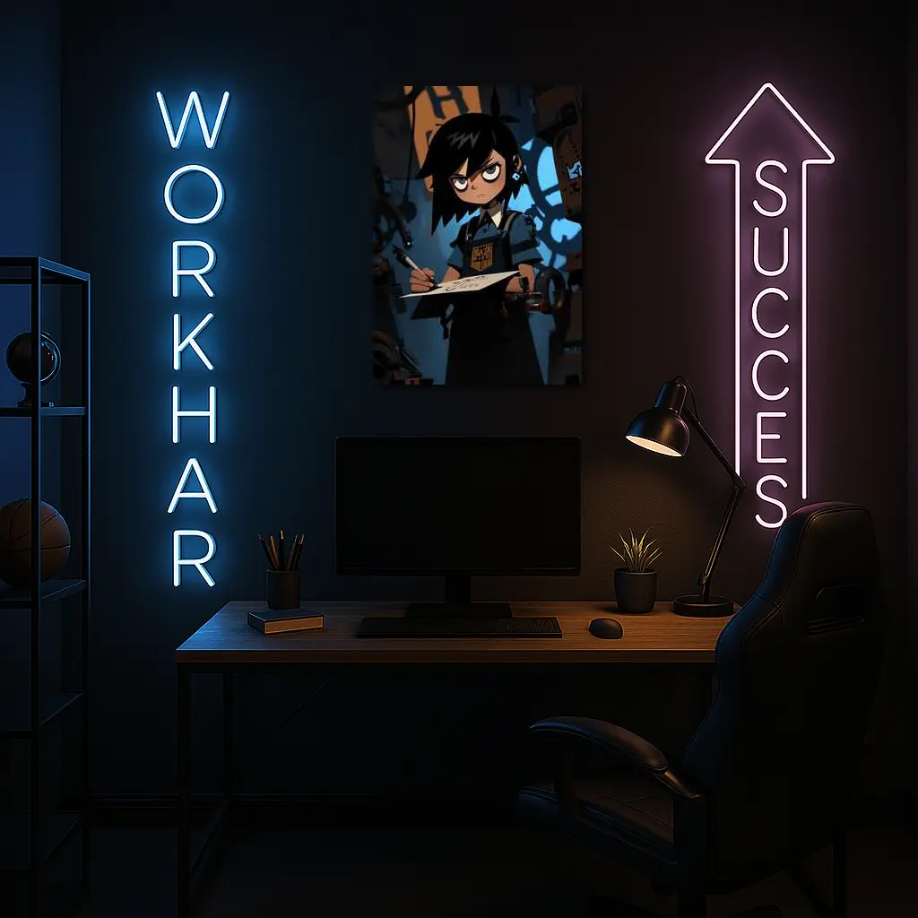 Anime Girl Writing In Dark Steampunk Workshop – Wall Art