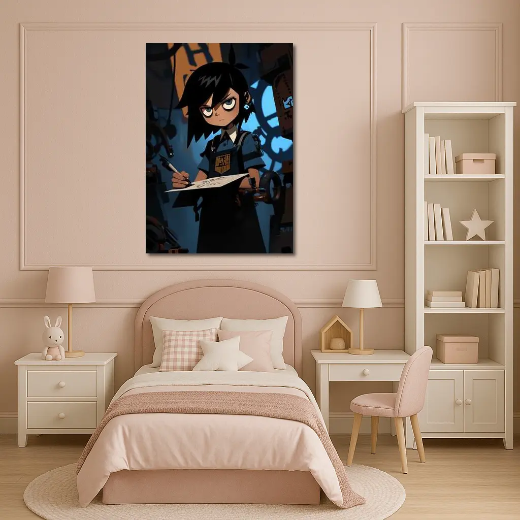 Anime Girl Writing In Dark Steampunk Workshop – Wall Art