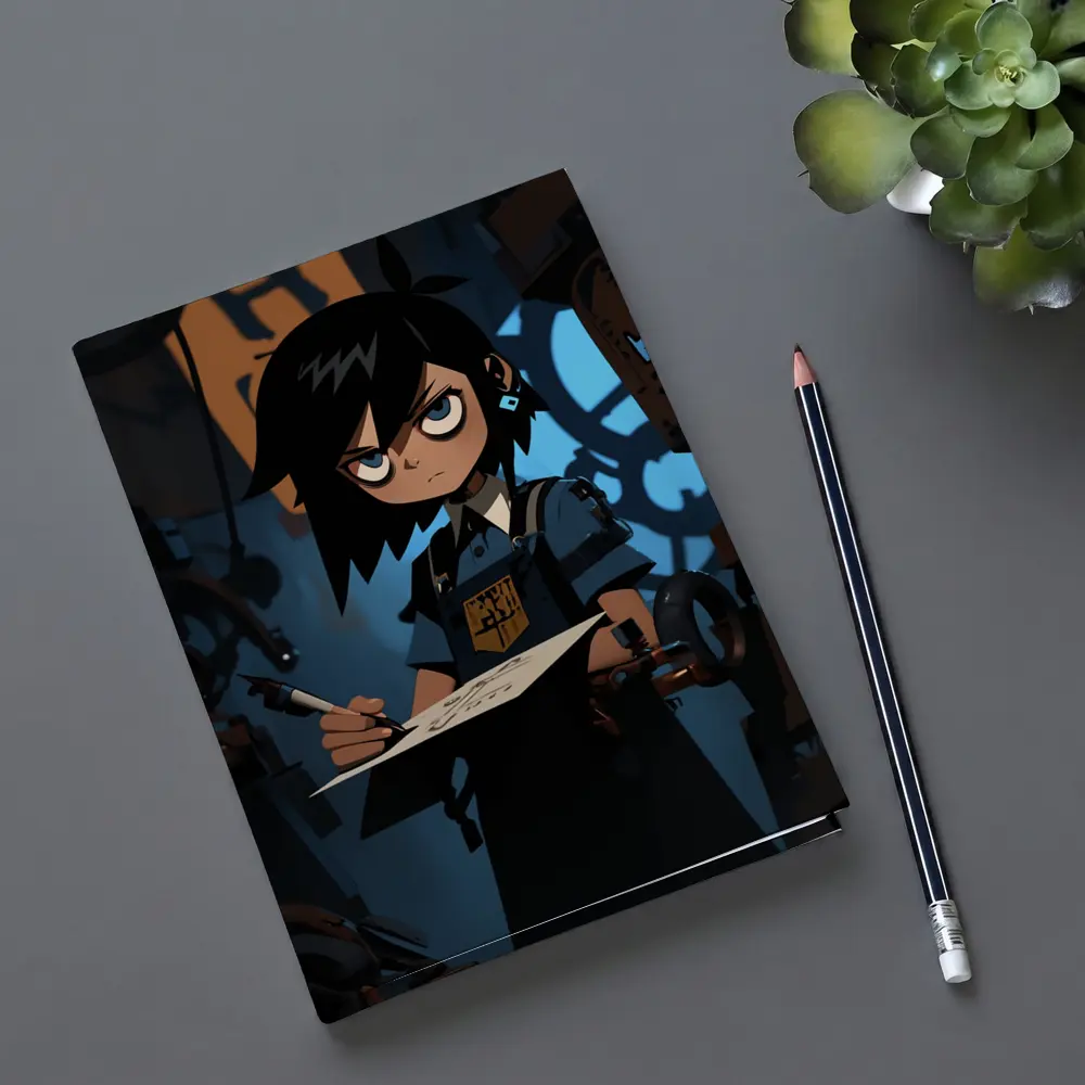 Anime Girl Writing In Dark Steampunk Workshop – Notebooks