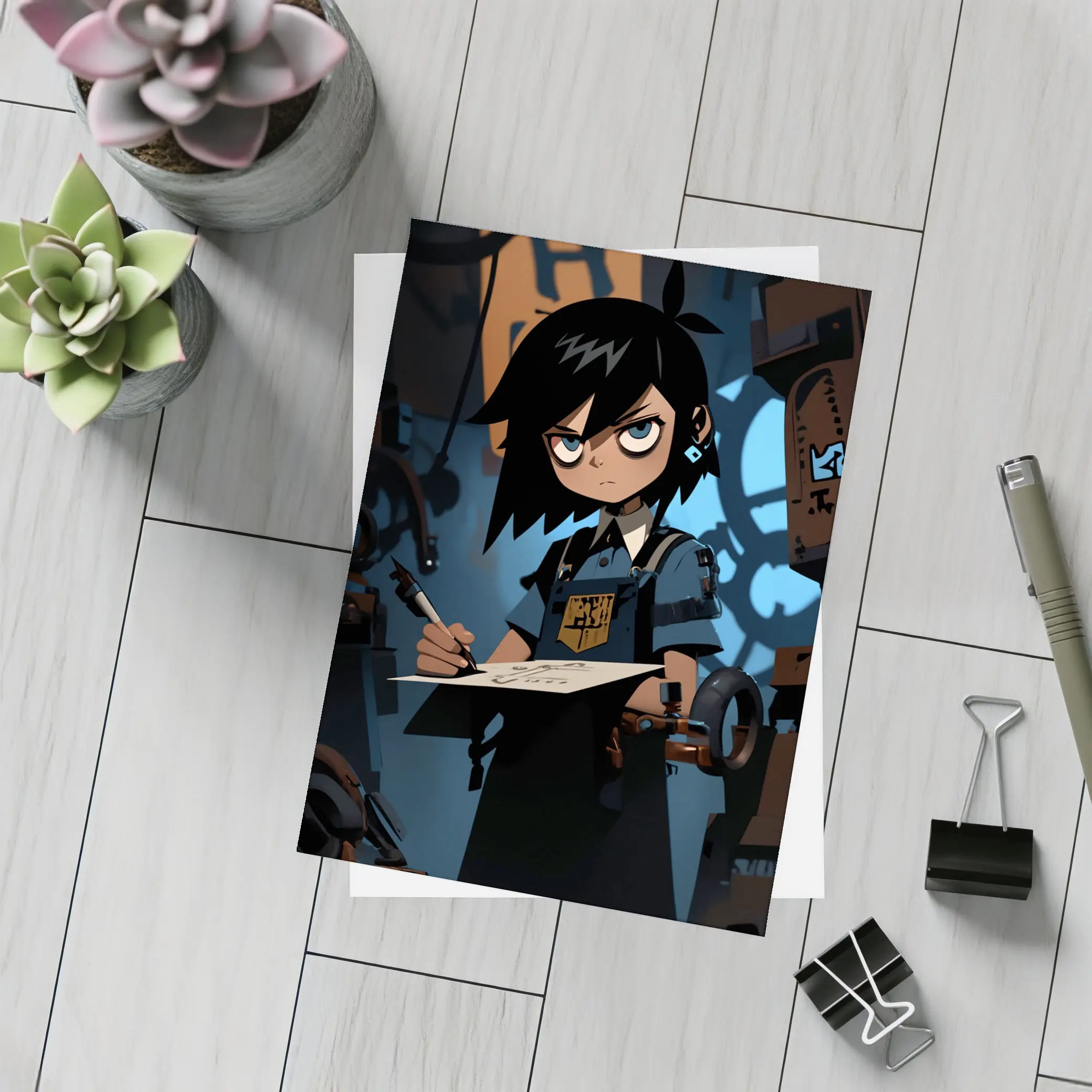 Anime Girl Writing In Dark Steampunk Workshop – Postcards