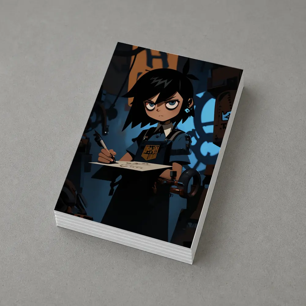 Anime Girl Writing In Dark Steampunk Workshop – Postcards