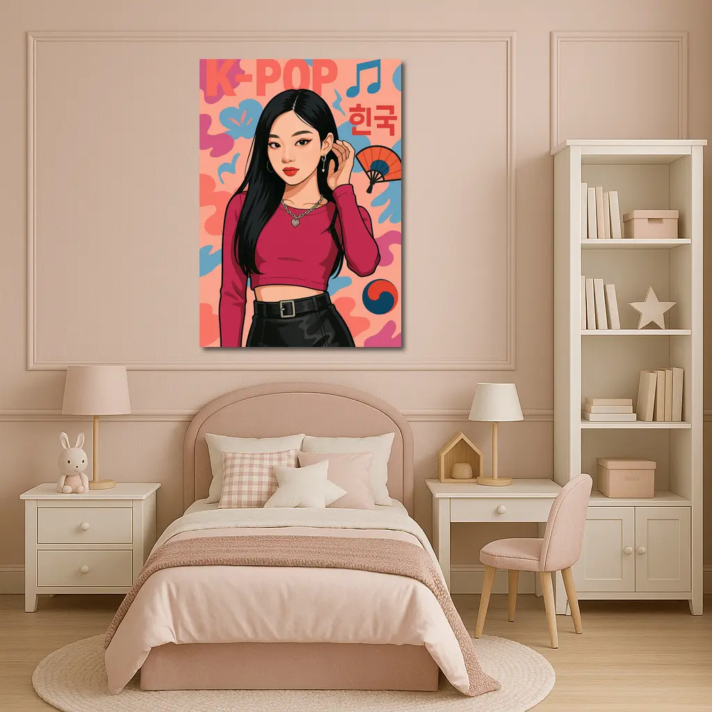 K-Pop Korean Girl Illustration Pink Background – Wall Art