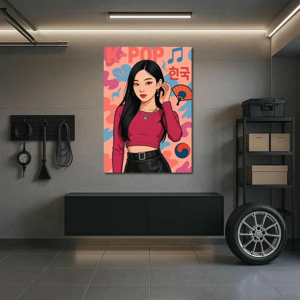 K-Pop Korean Girl Illustration Pink Background – Wall Art