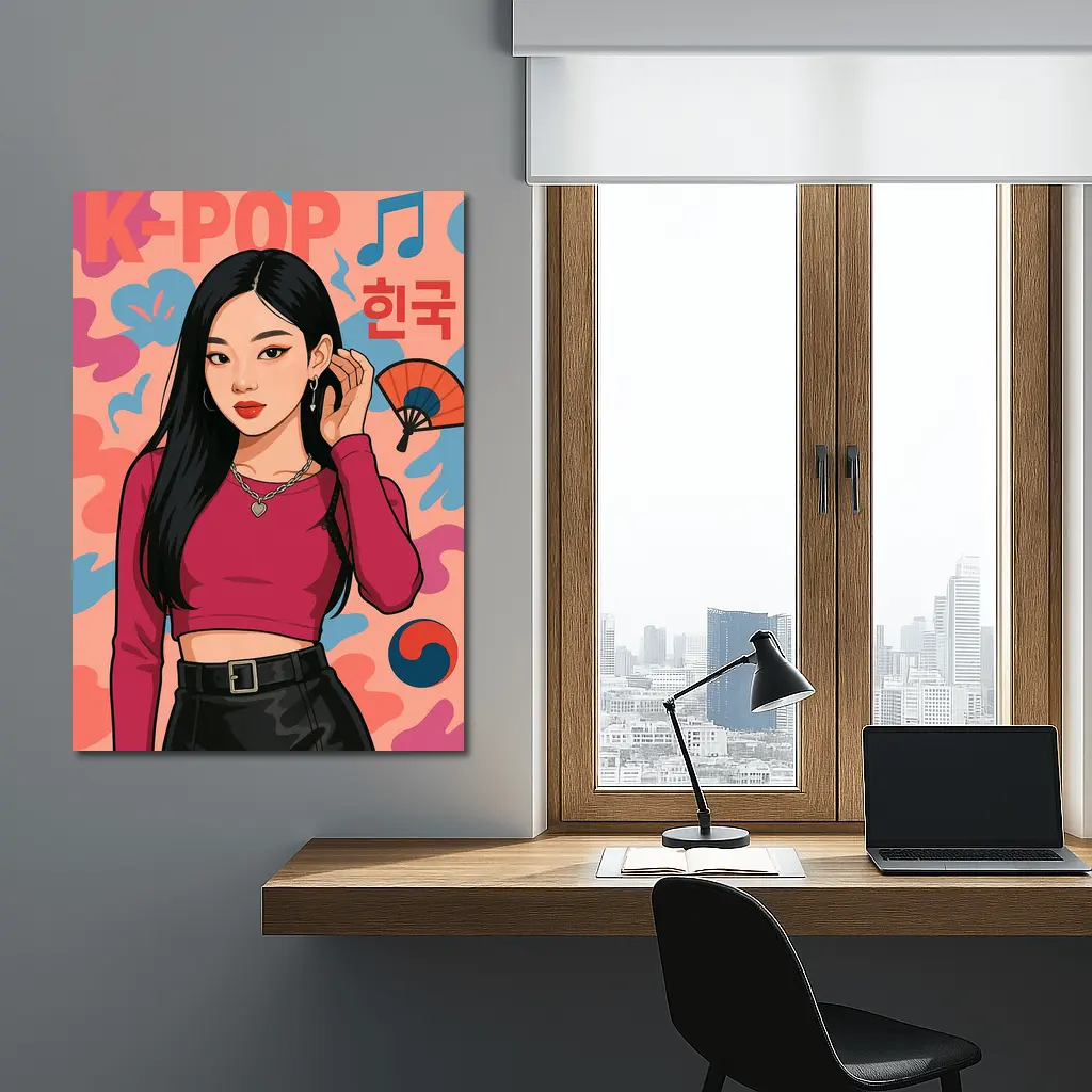 K-Pop Korean Girl Illustration Pink Background – Wall Art