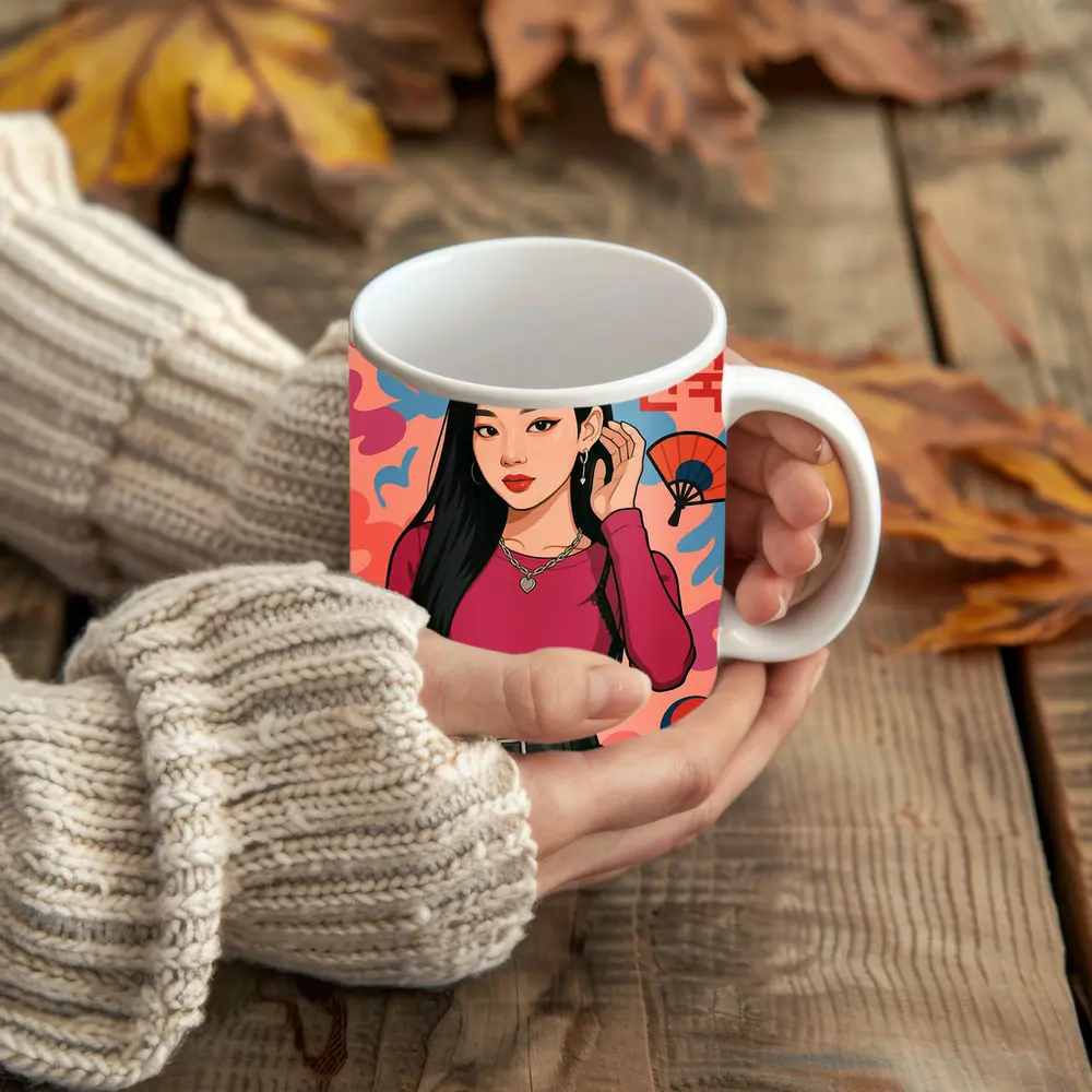 K-Pop Korean Girl Illustration Pink Background – Mugs
