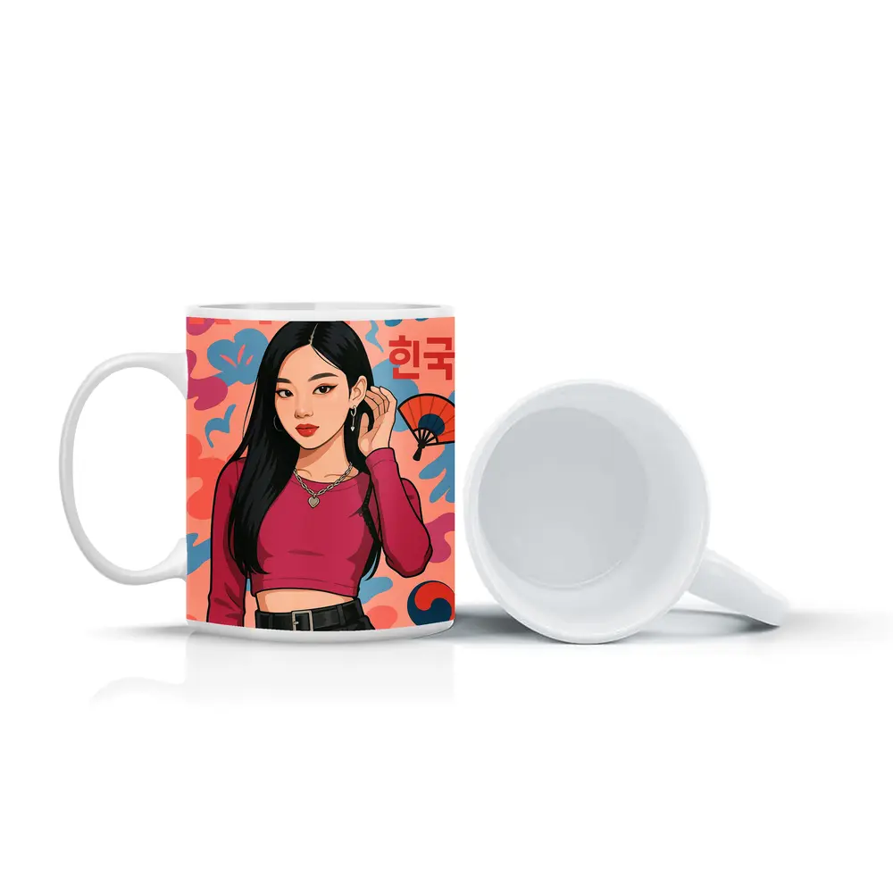 K-Pop Korean Girl Illustration Pink Background – Mugs