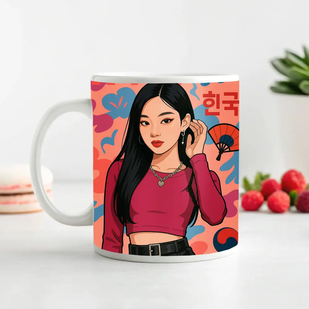 K-Pop Korean Girl Illustration Pink Background – Mugs