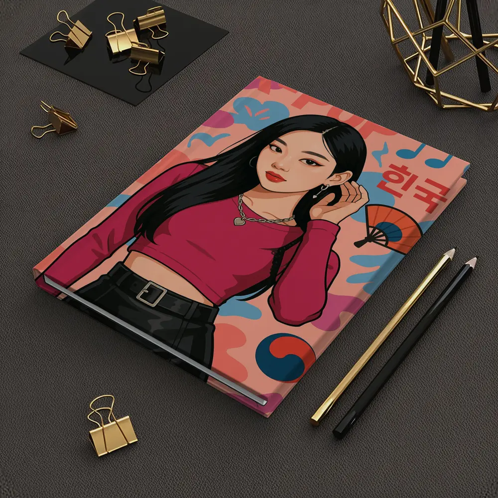 K-Pop Korean Girl Illustration Pink Background – Notebooks