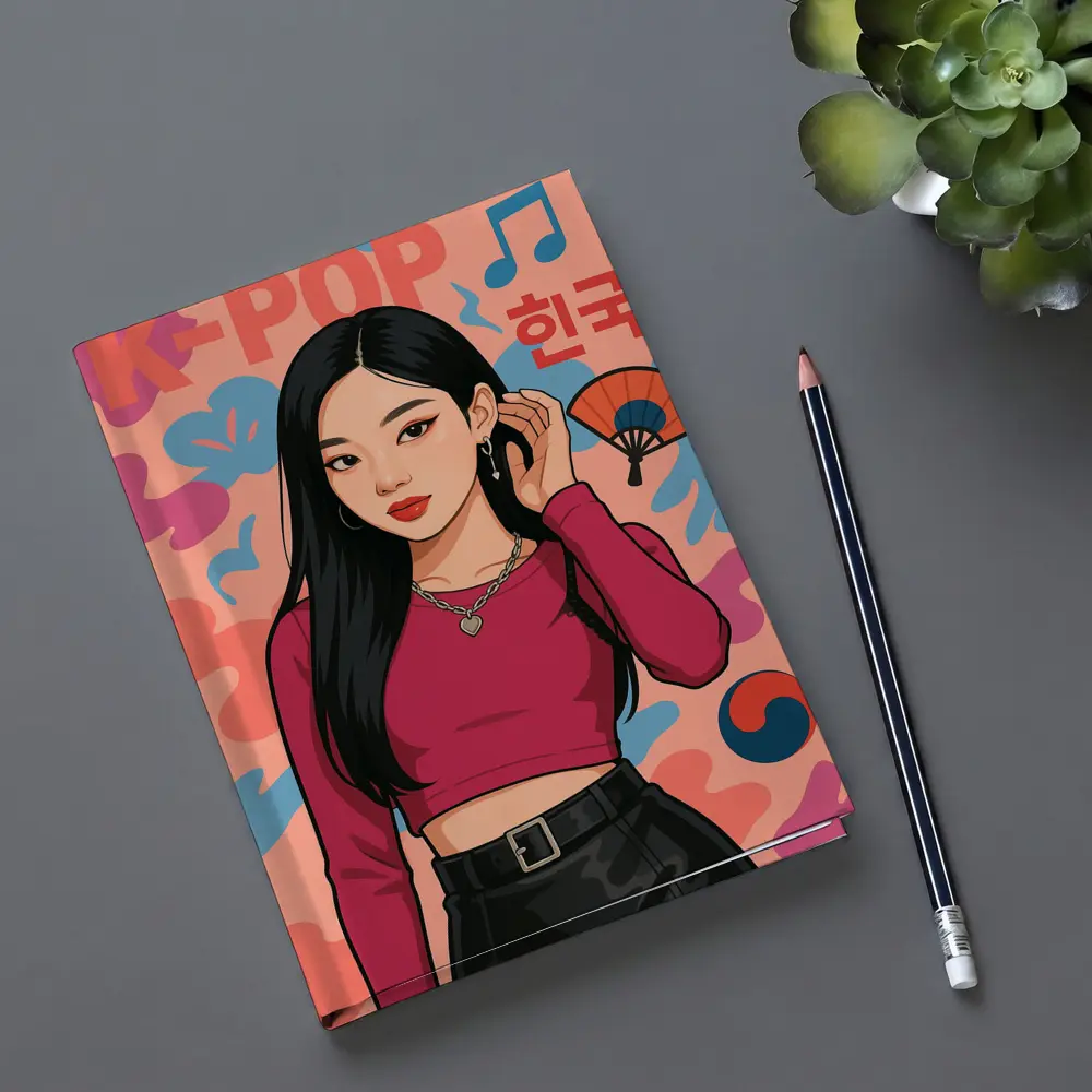K-Pop Korean Girl Illustration Pink Background – Notebooks