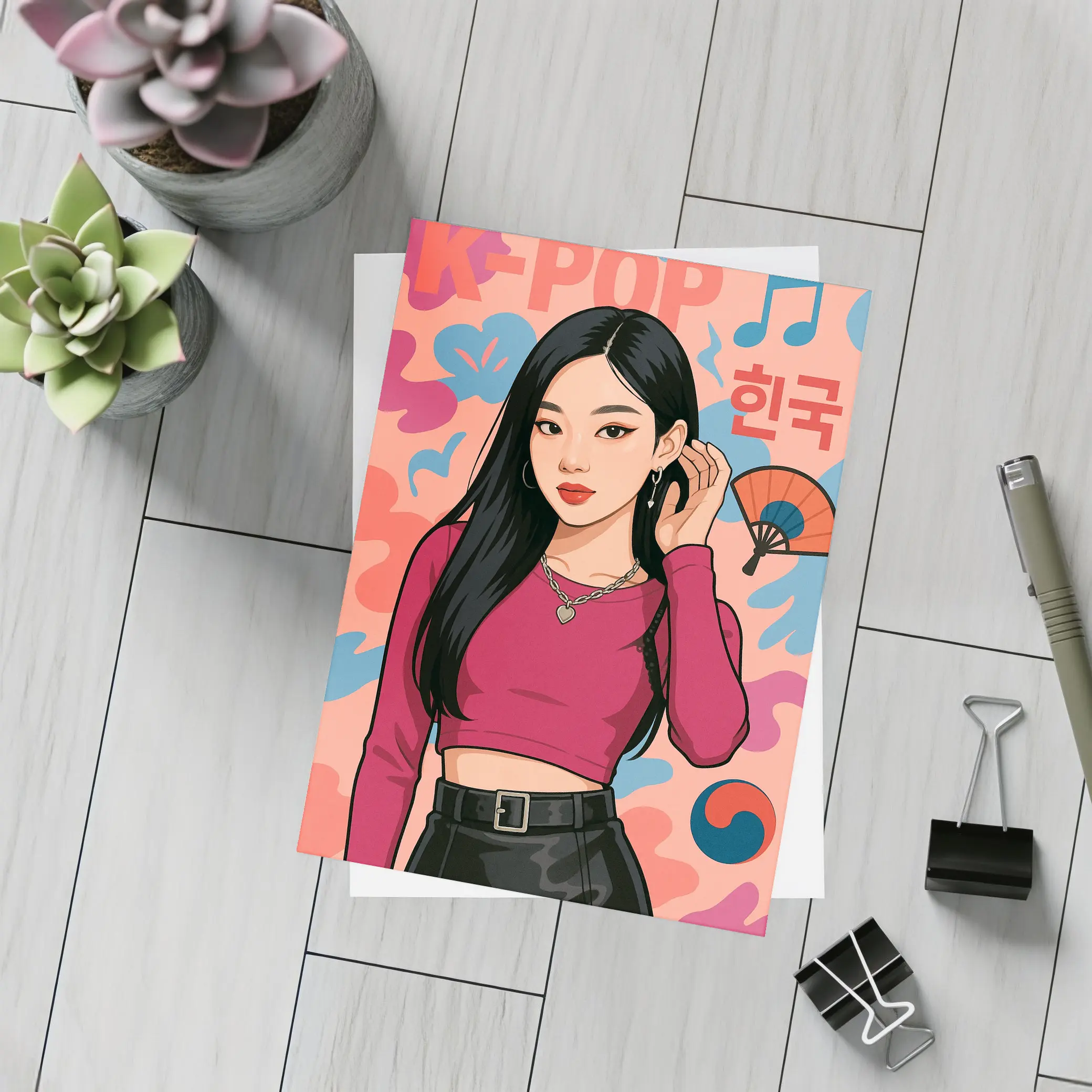 K-Pop Korean Girl Illustration Pink Background – Postcards