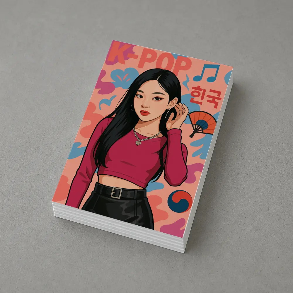 K-Pop Korean Girl Illustration Pink Background – Postcards