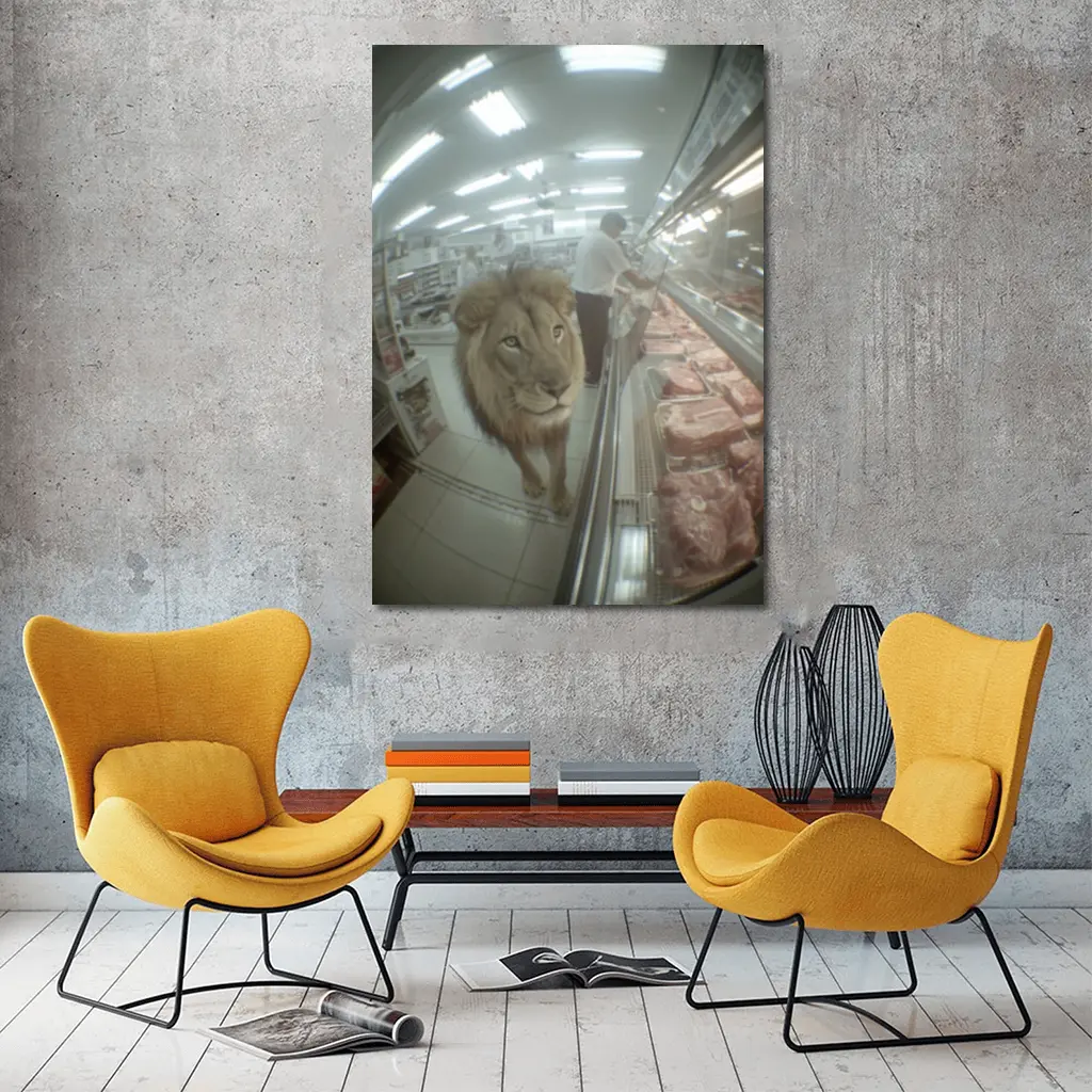 Lion Walking Through Supermarket Meat Aisle – Wall Art