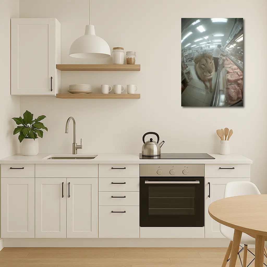 Lion Walking Through Supermarket Meat Aisle – Wall Art