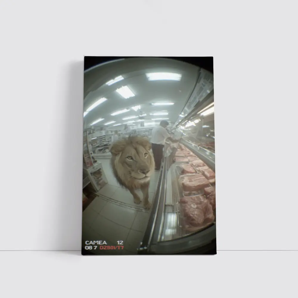 Lion Walking Through Supermarket Meat Aisle – Wall Art