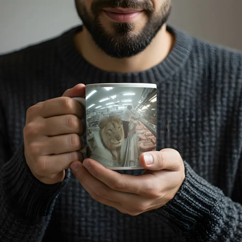 Lion Walking Through Supermarket Meat Aisle – Mugs