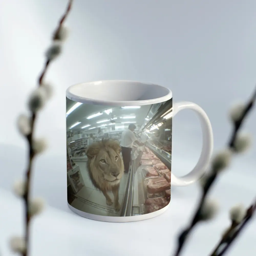 Lion Walking Through Supermarket Meat Aisle – Mugs