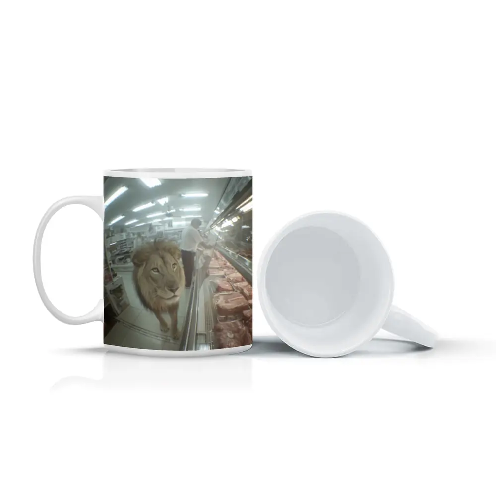 Lion Walking Through Supermarket Meat Aisle – Mugs