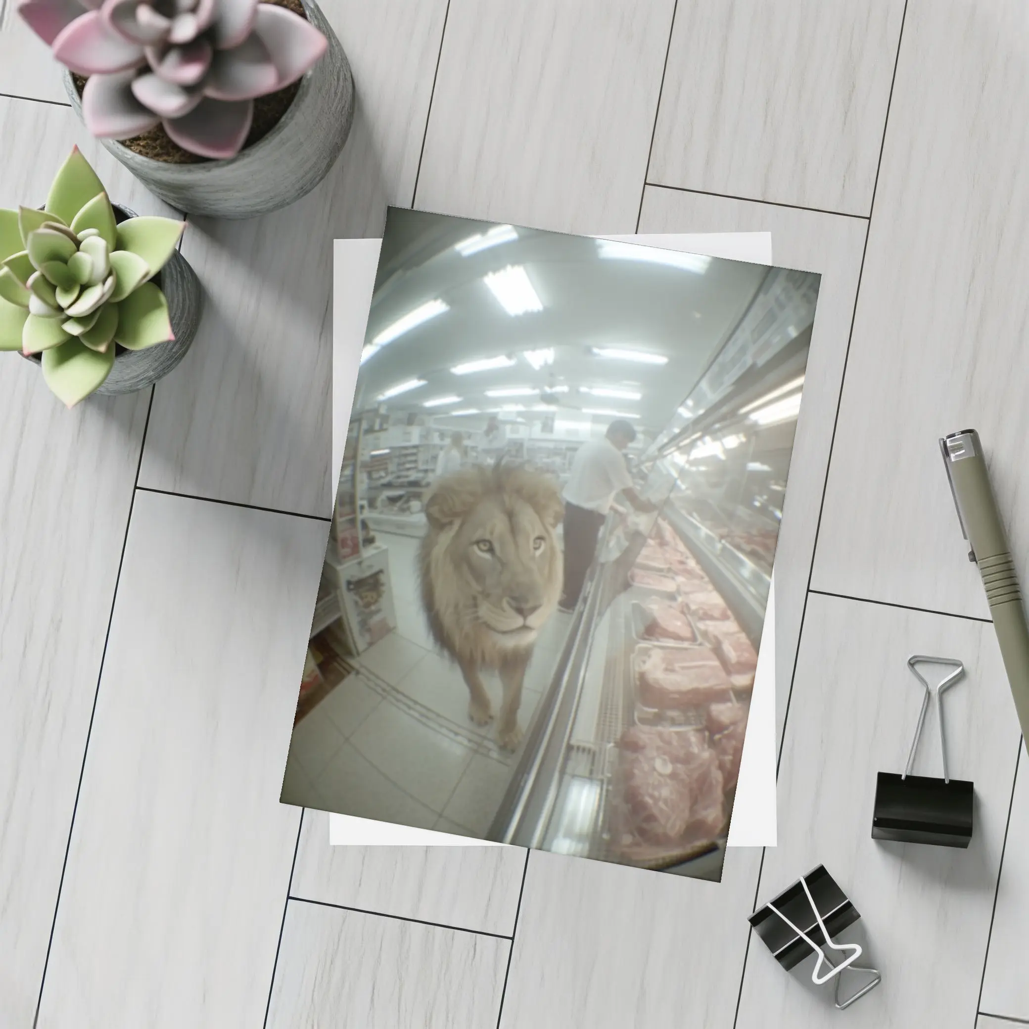 Lion Walking Through Supermarket Meat Aisle – Postcards