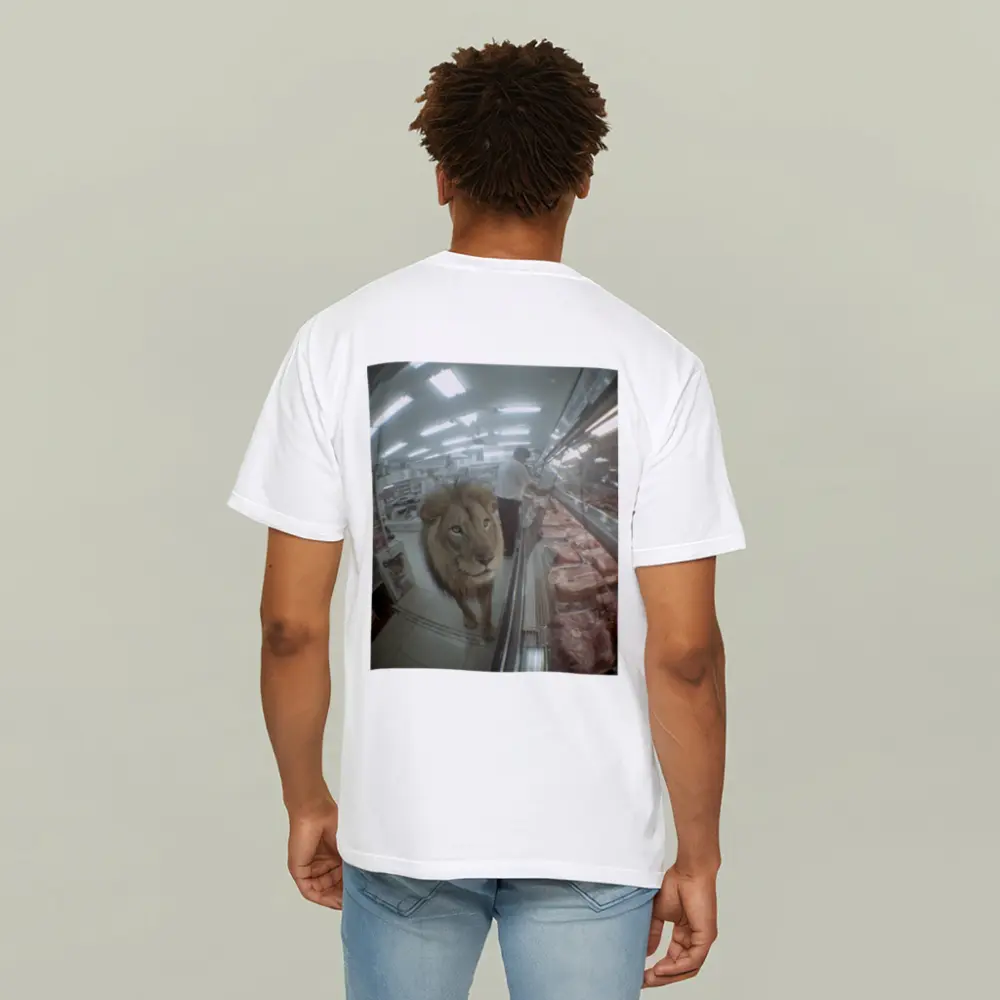 Lion Walking Through Supermarket Meat Aisle – T-Shirts