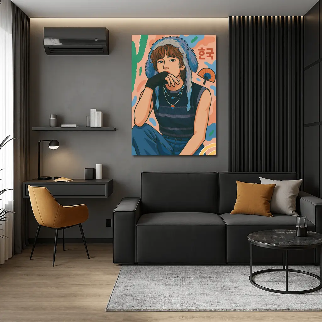 Korean Style Illustrated Girl Blue Fur Hat – Wall Art