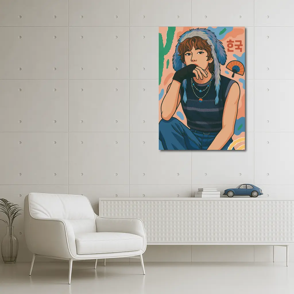 Korean Style Illustrated Girl Blue Fur Hat – Wall Art