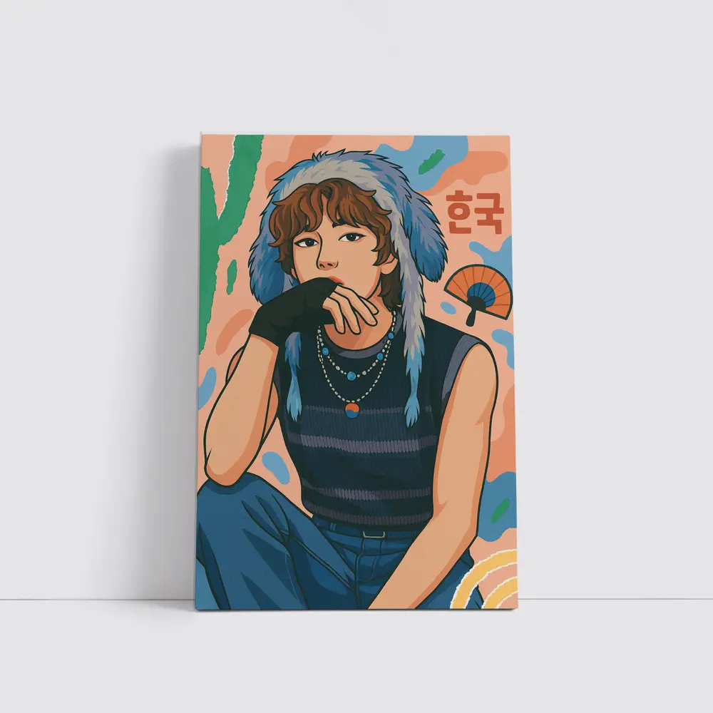 Korean Style Illustrated Girl Blue Fur Hat – Wall Art