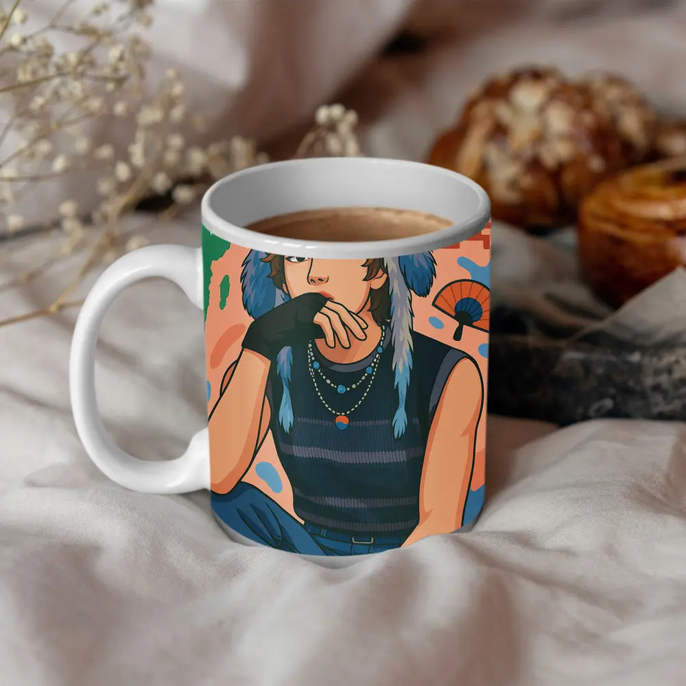 Korean Style Illustrated Girl Blue Fur Hat – Mugs