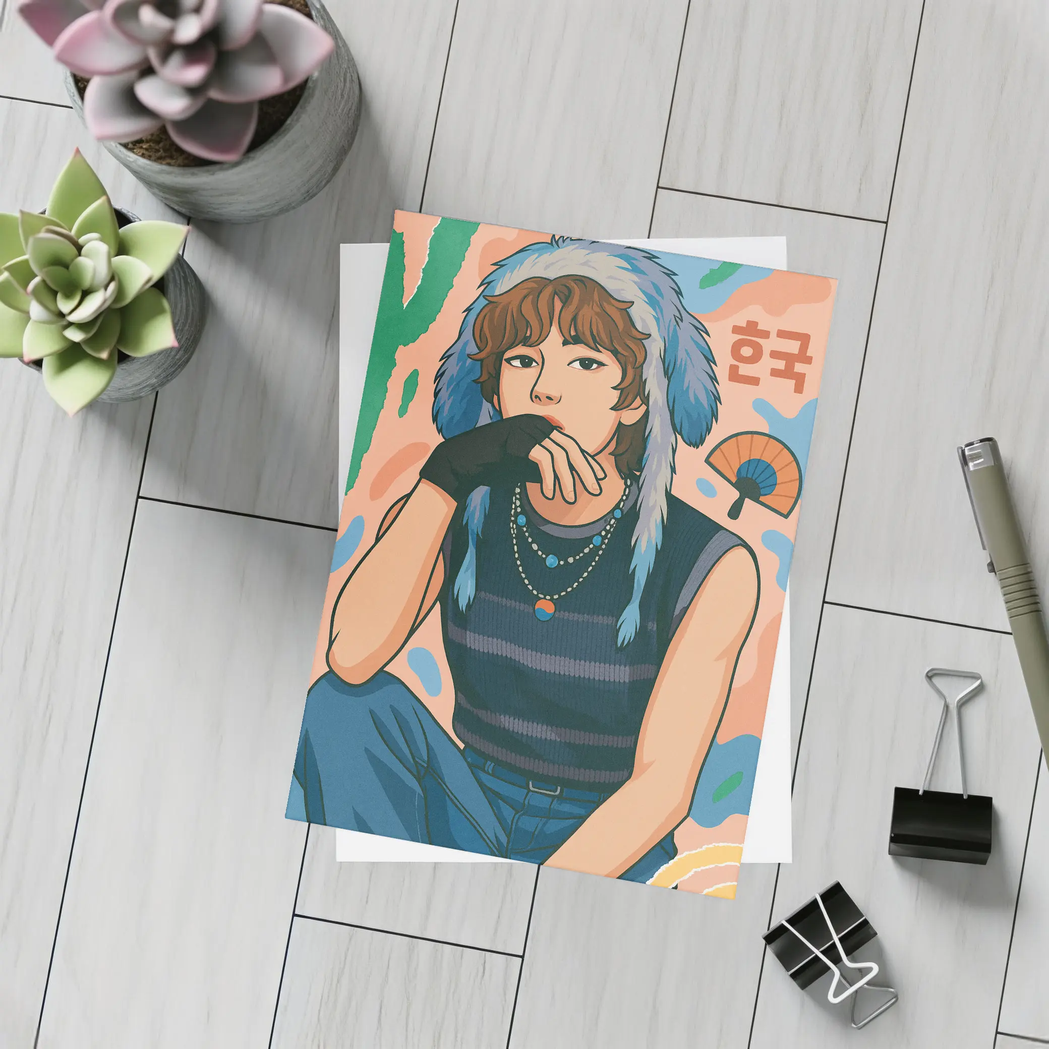 Korean Style Illustrated Girl Blue Fur Hat – Postcards