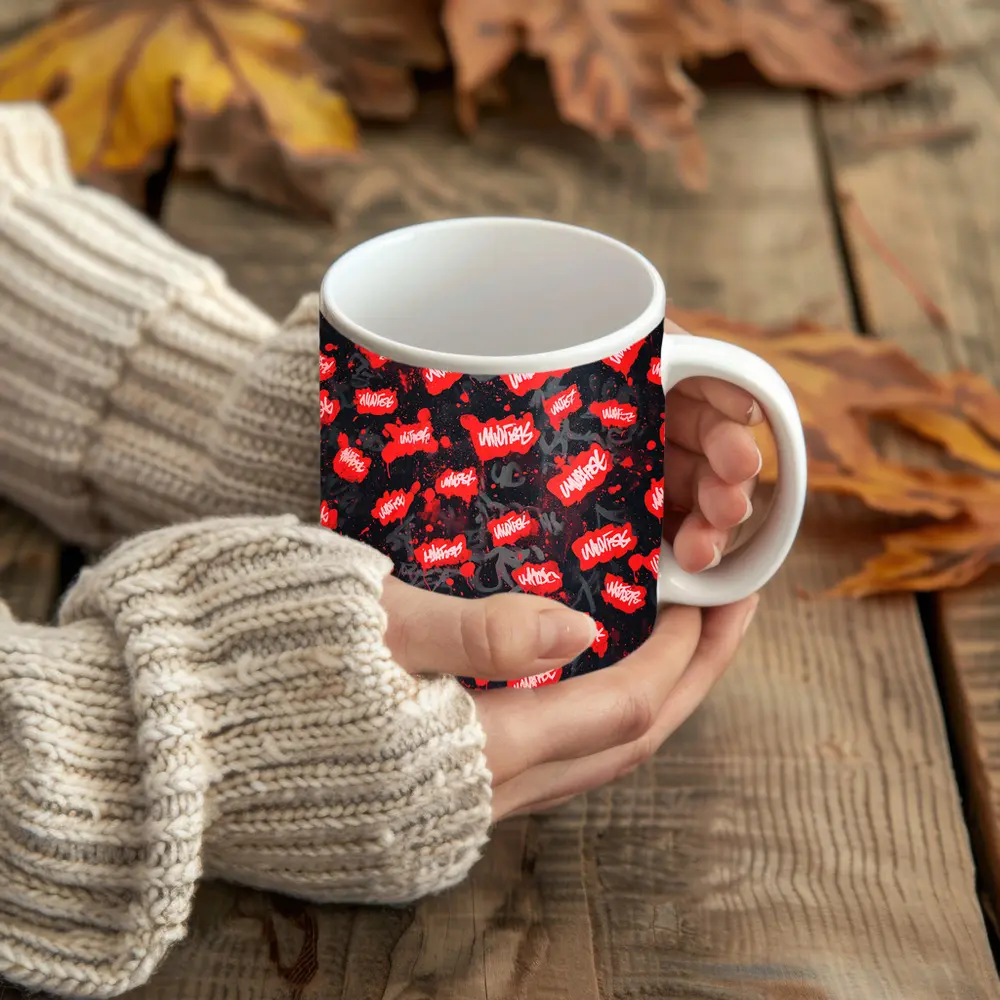 Red Graffiti Tags Black Dark Background – Mugs