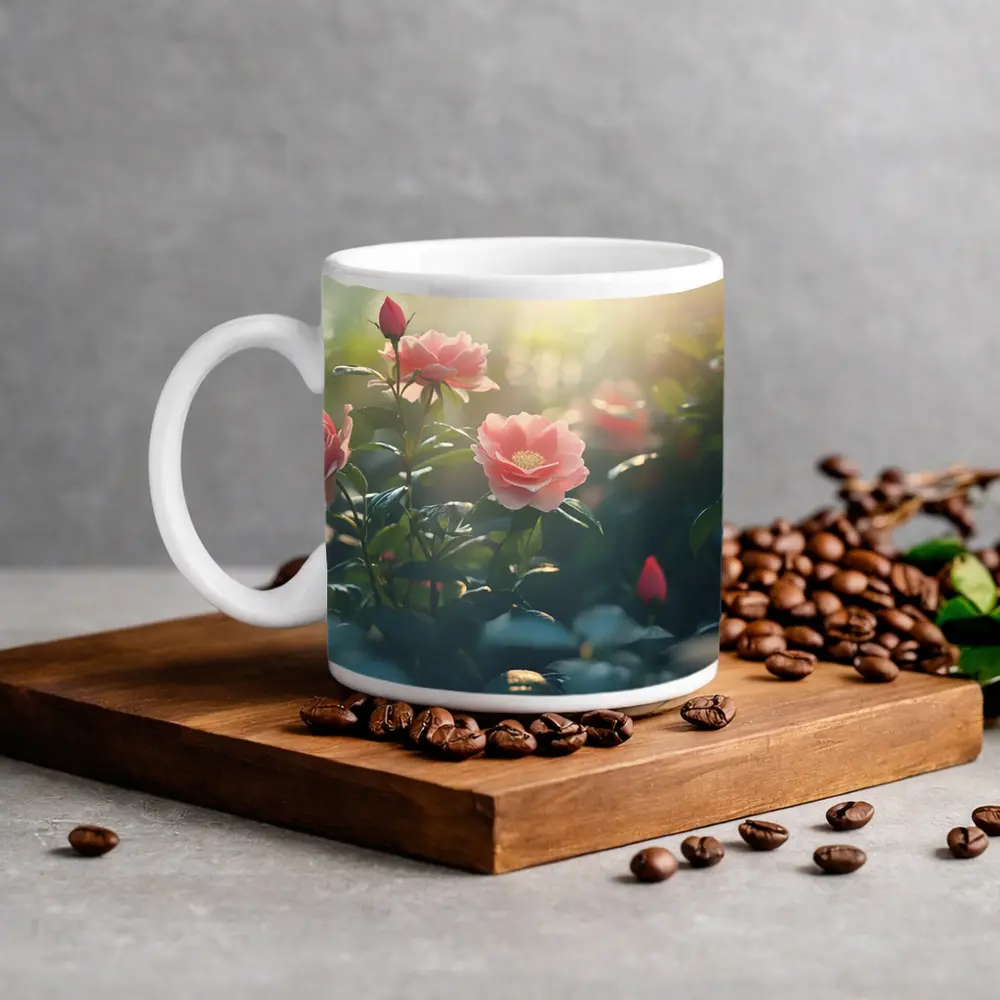 Pink Roses Garden Soft Sunlight Bokeh – Mugs