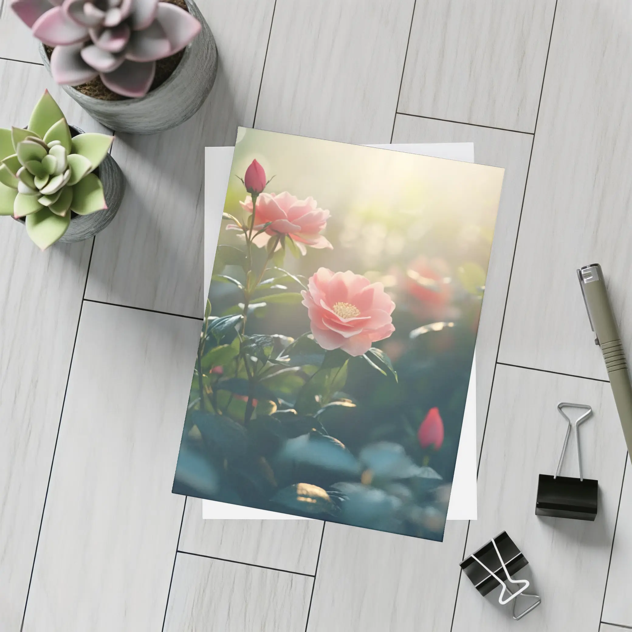 Pink Roses Garden Soft Sunlight Bokeh – Postcards