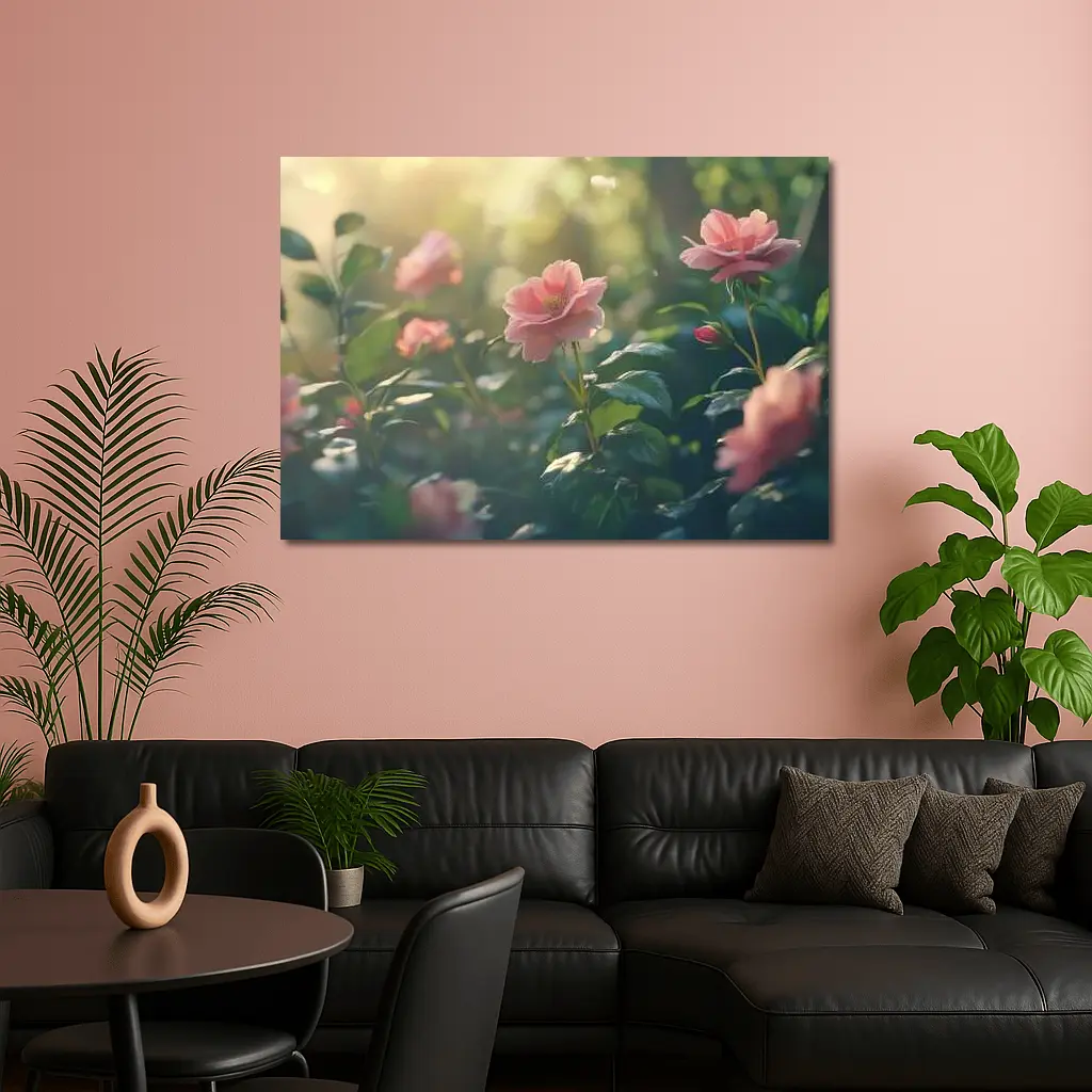 Pink Roses Garden Soft Sunlight Green Bokeh – Wall Art