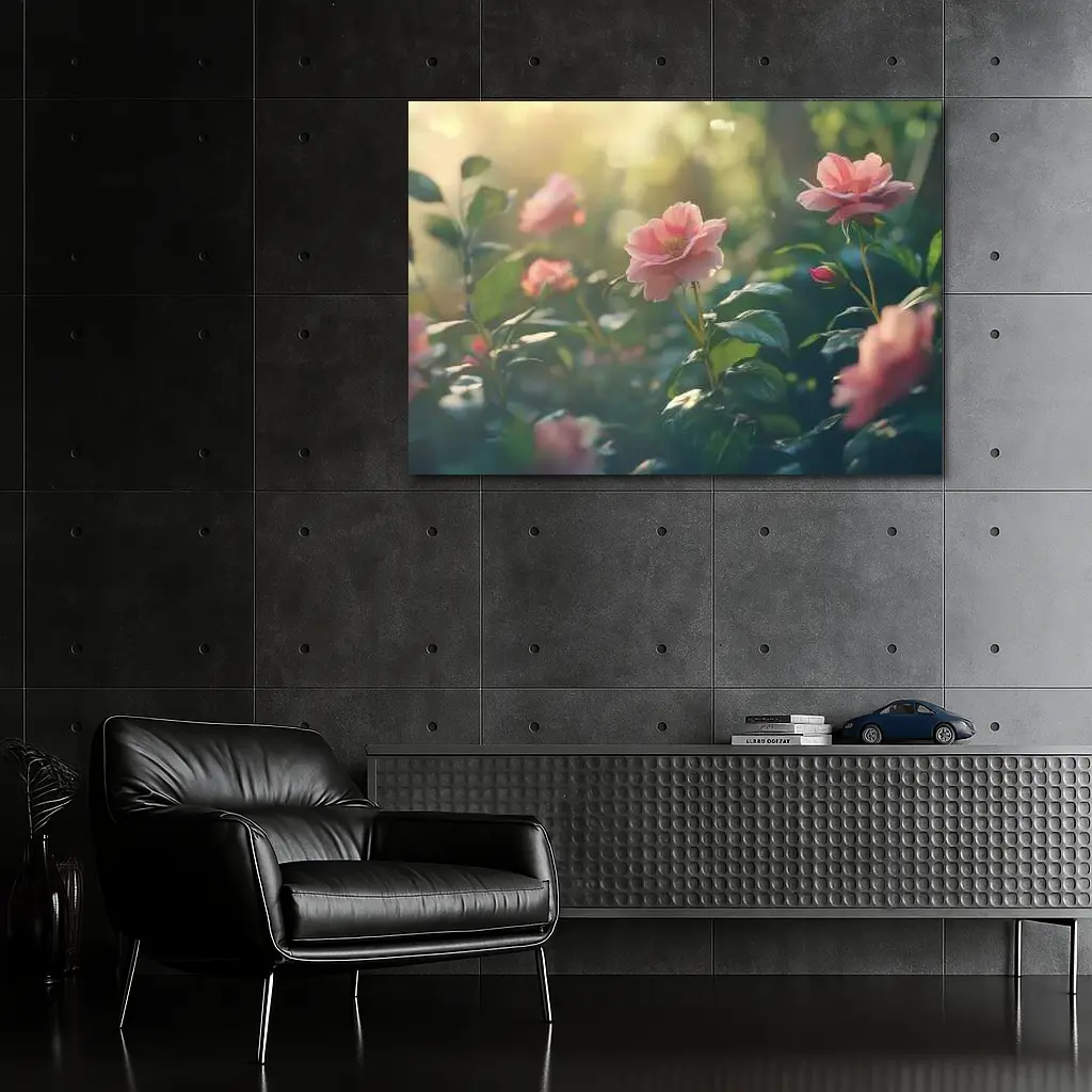 Pink Roses Garden Soft Sunlight Green Bokeh – Wall Art