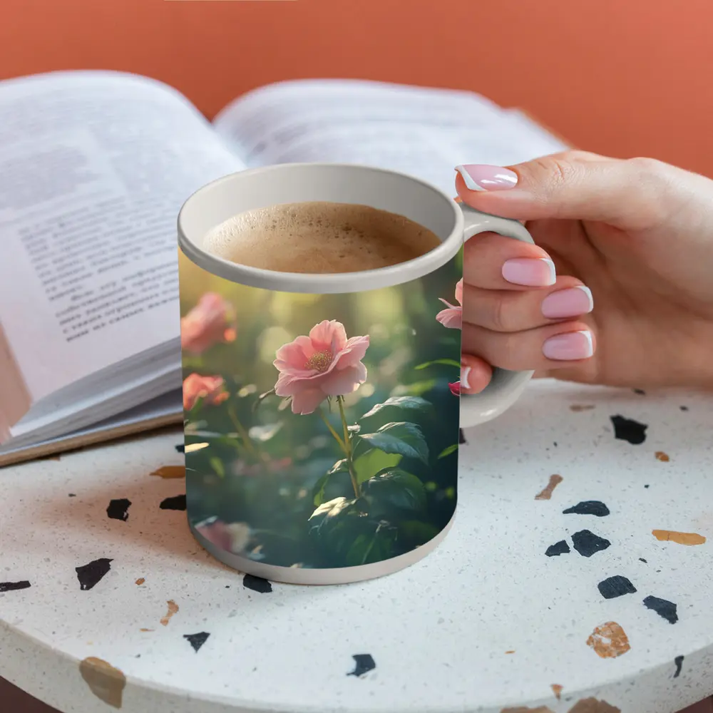 Pink Roses Garden Soft Sunlight Green Bokeh – Mugs