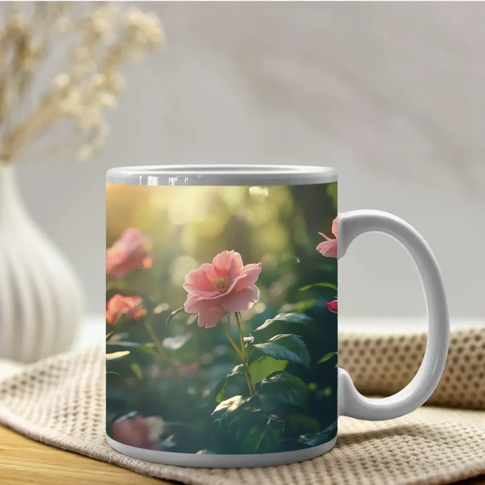 Pink Roses Garden Soft Sunlight Green Bokeh – Mugs