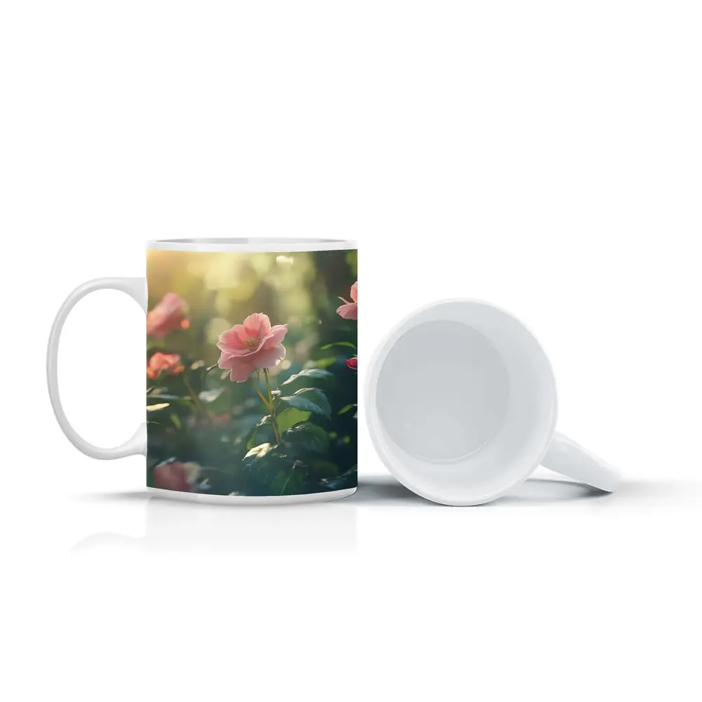 Pink Roses Garden Soft Sunlight Green Bokeh – Mugs