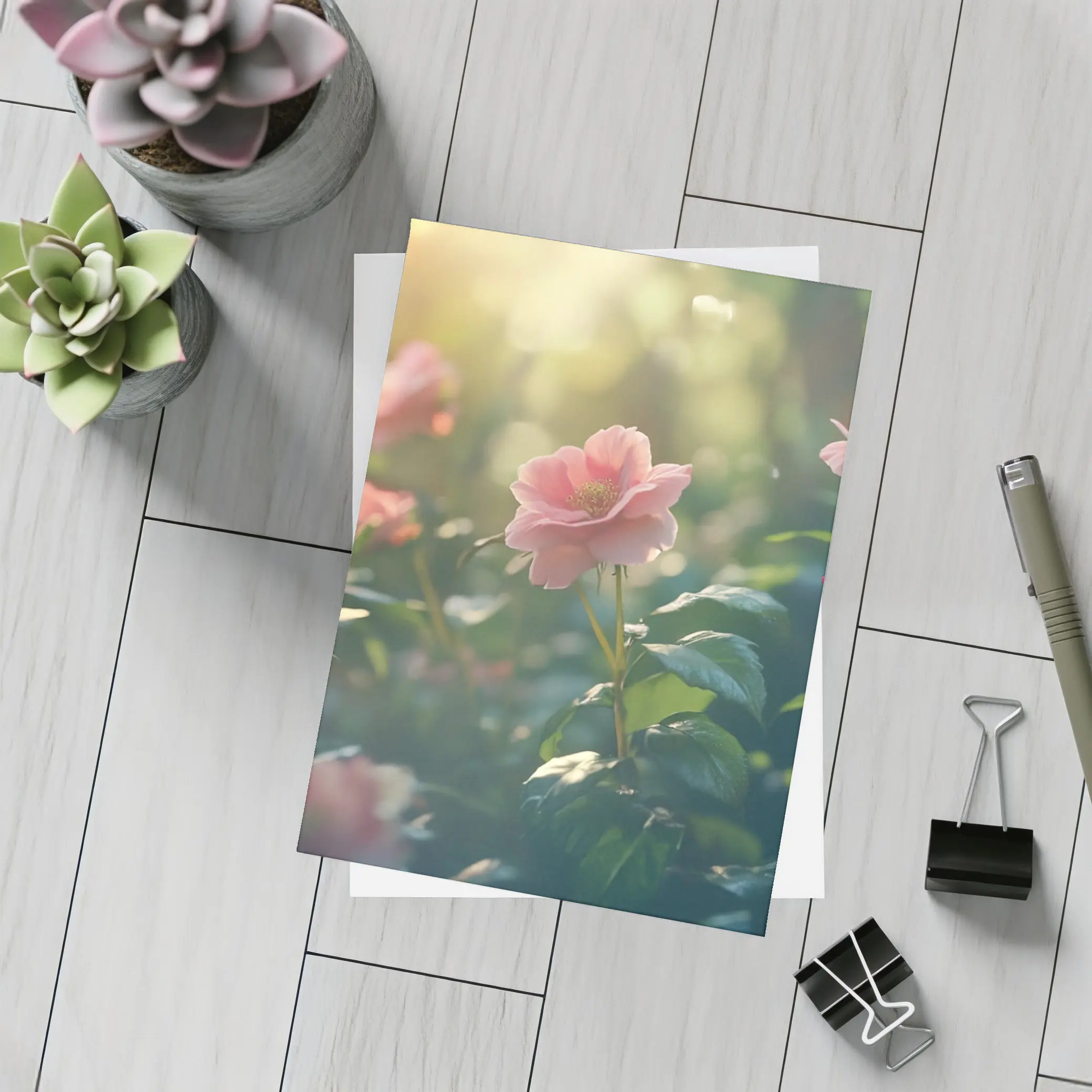 Pink Roses Garden Soft Sunlight Green Bokeh – Postcards