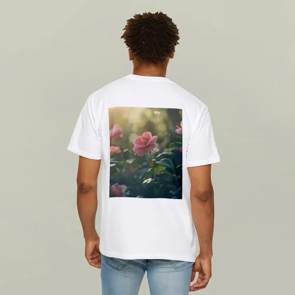 Pink Roses Garden Soft Sunlight Green Bokeh – T-Shirts