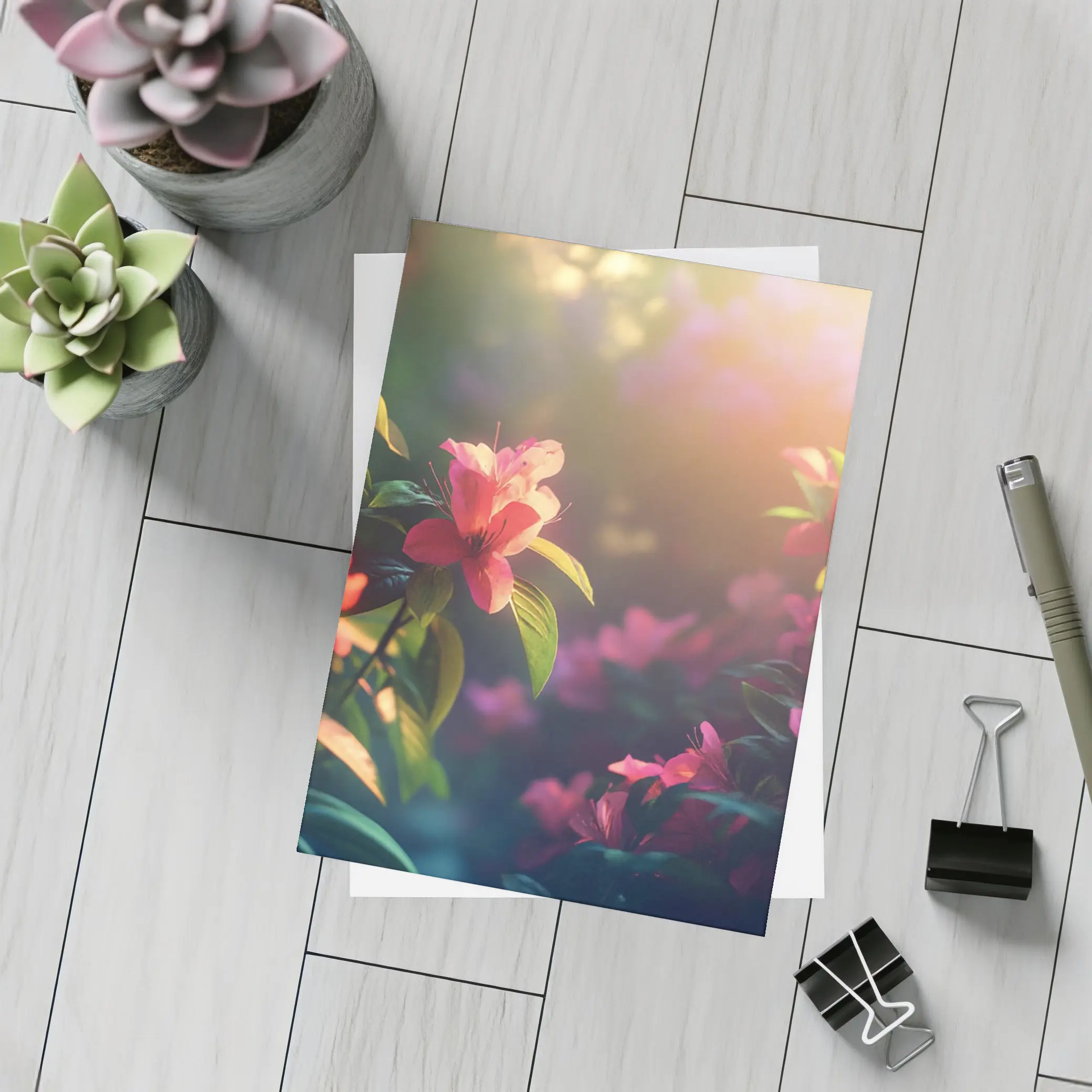 Pink Azalea Flowers Warm Garden Sunlight – Postcards