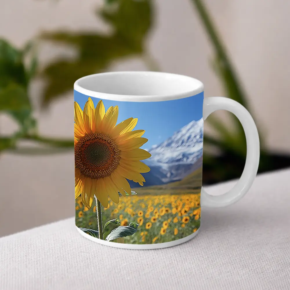 Sunflower Field Snow Mountain Blue Sky – Mugs