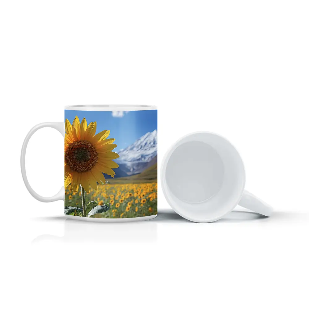 Sunflower Field Snow Mountain Blue Sky – Mugs