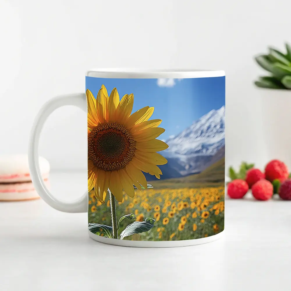 Sunflower Field Snow Mountain Blue Sky – Mugs
