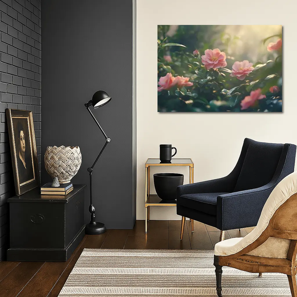 Pink Roses Blooming in Sunlit Garden – Wall Art