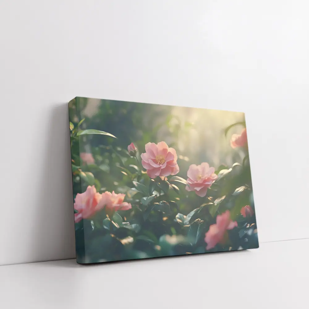 Pink Roses Blooming in Sunlit Garden – Wall Art
