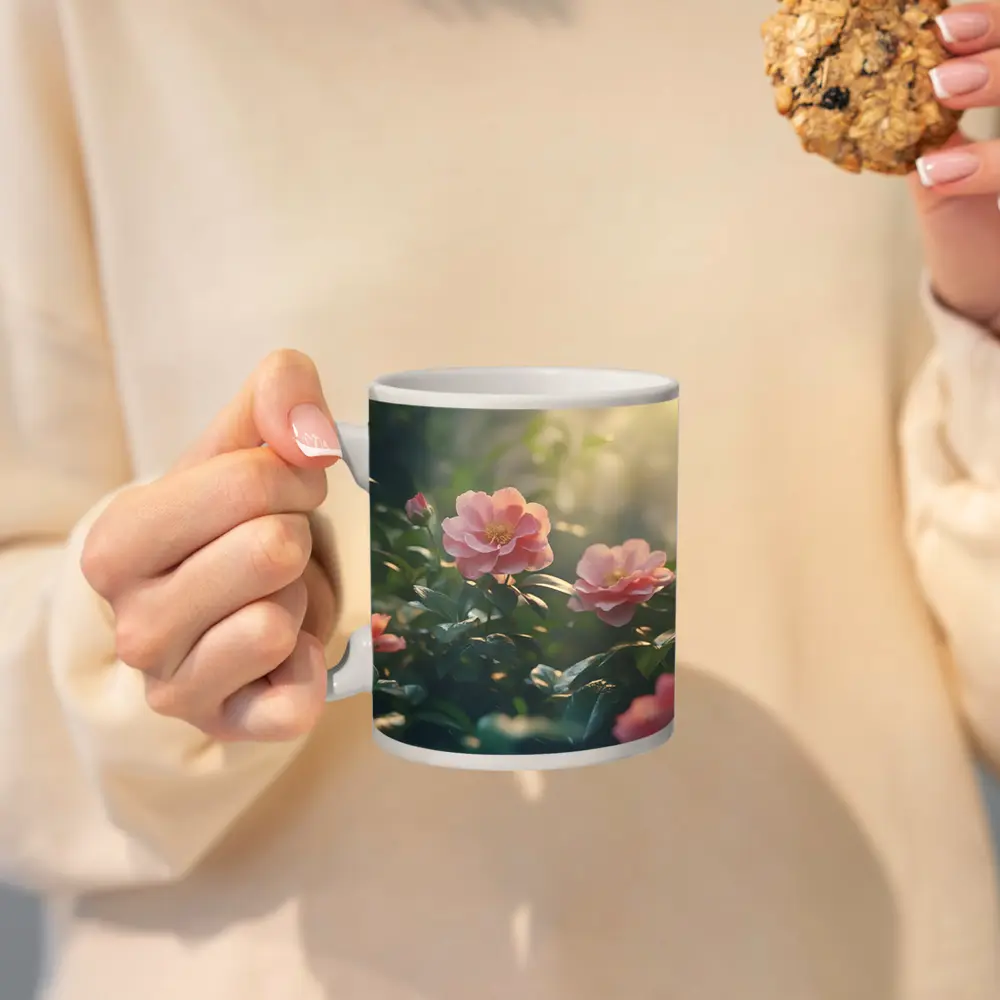 Pink Roses Blooming in Sunlit Garden – Mugs