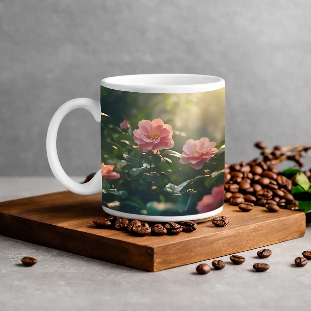 Pink Roses Blooming in Sunlit Garden – Mugs