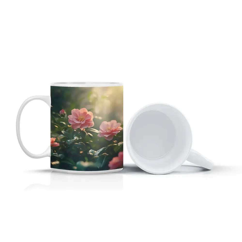 Pink Roses Blooming in Sunlit Garden – Mugs