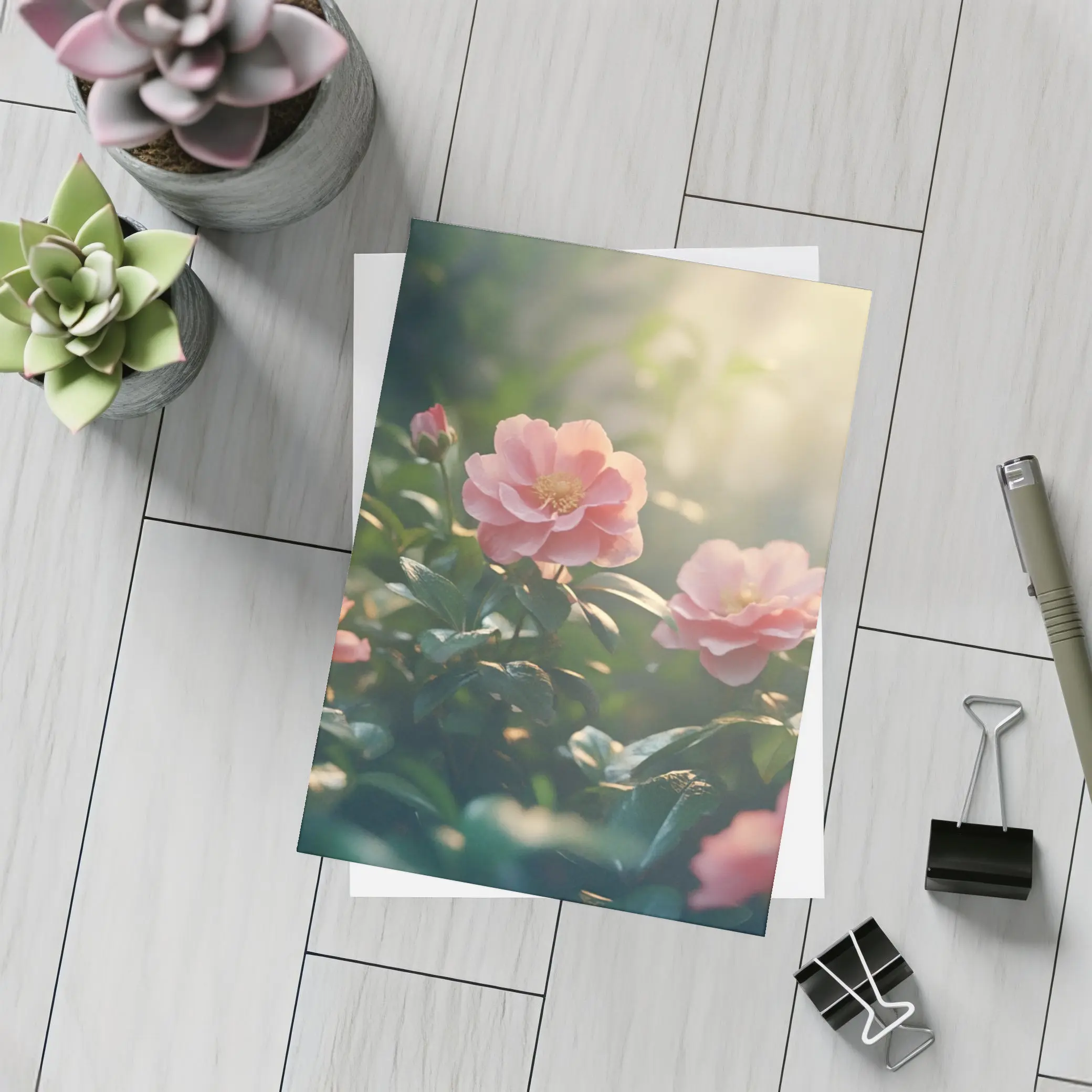 Pink Roses Blooming in Sunlit Garden – Postcards