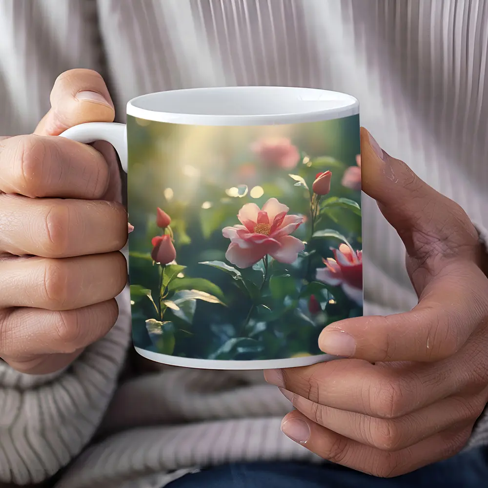 Pink Roses Blooming in Sunny Garden – Mugs