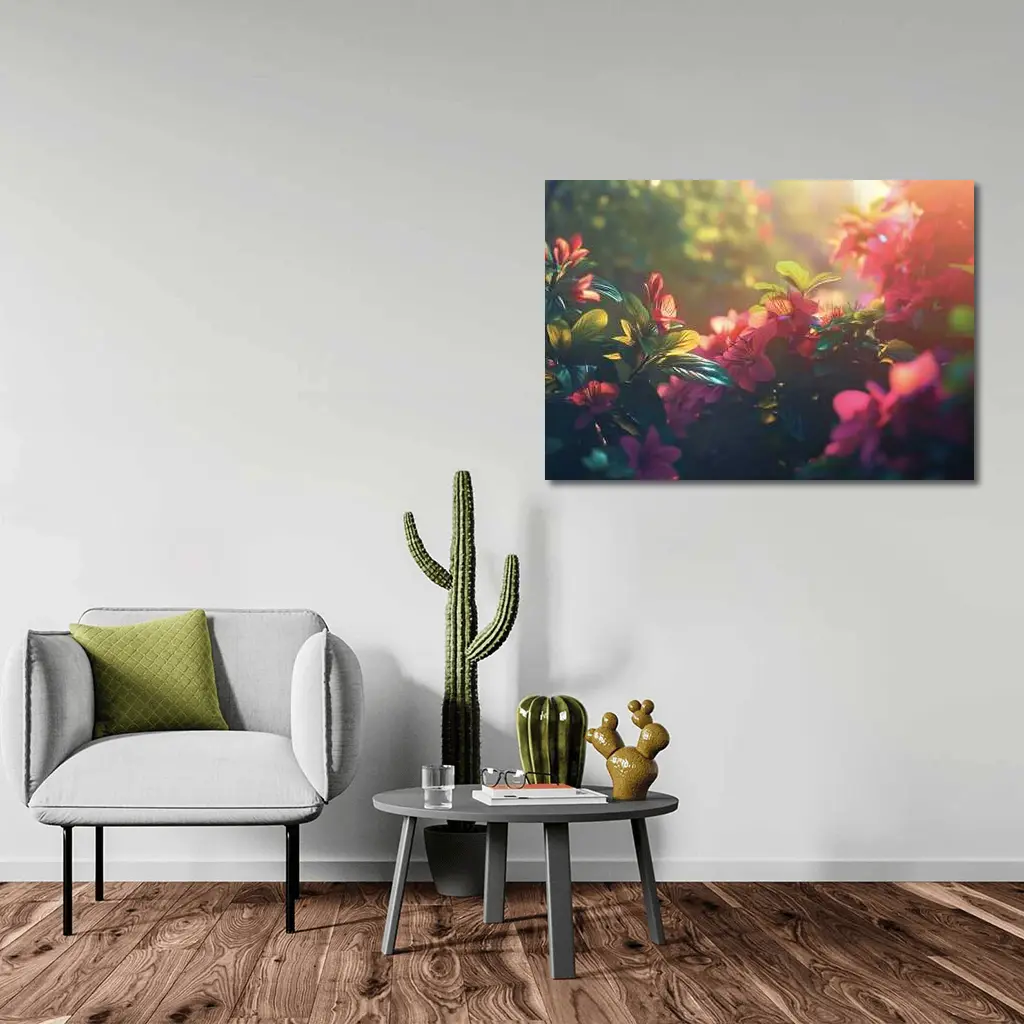 Pink Red Flowers Sunlit Garden Green Leaves – Wall Art